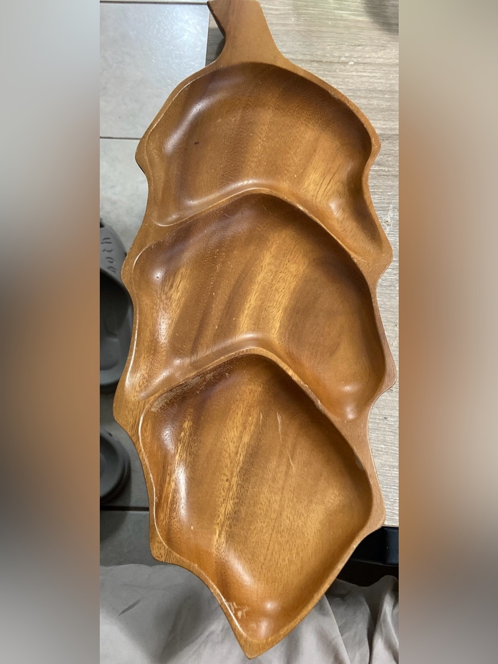 Vintage Monkey-Pod Three Compartment Wood Leaf Tray 17”X7”